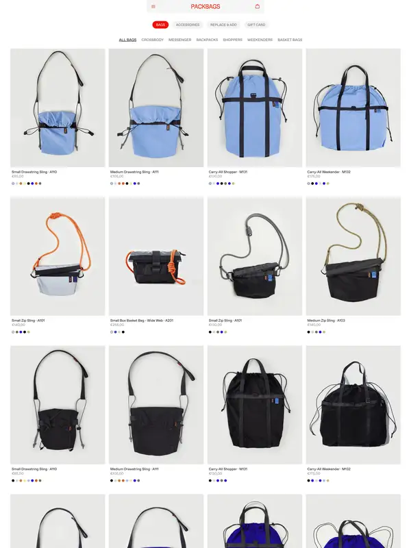 Каталог PACK BAGS, тематика — Интернет-магазин, цвета — Белый, Серый, стиль — Минимализм, типографика — Без засечек