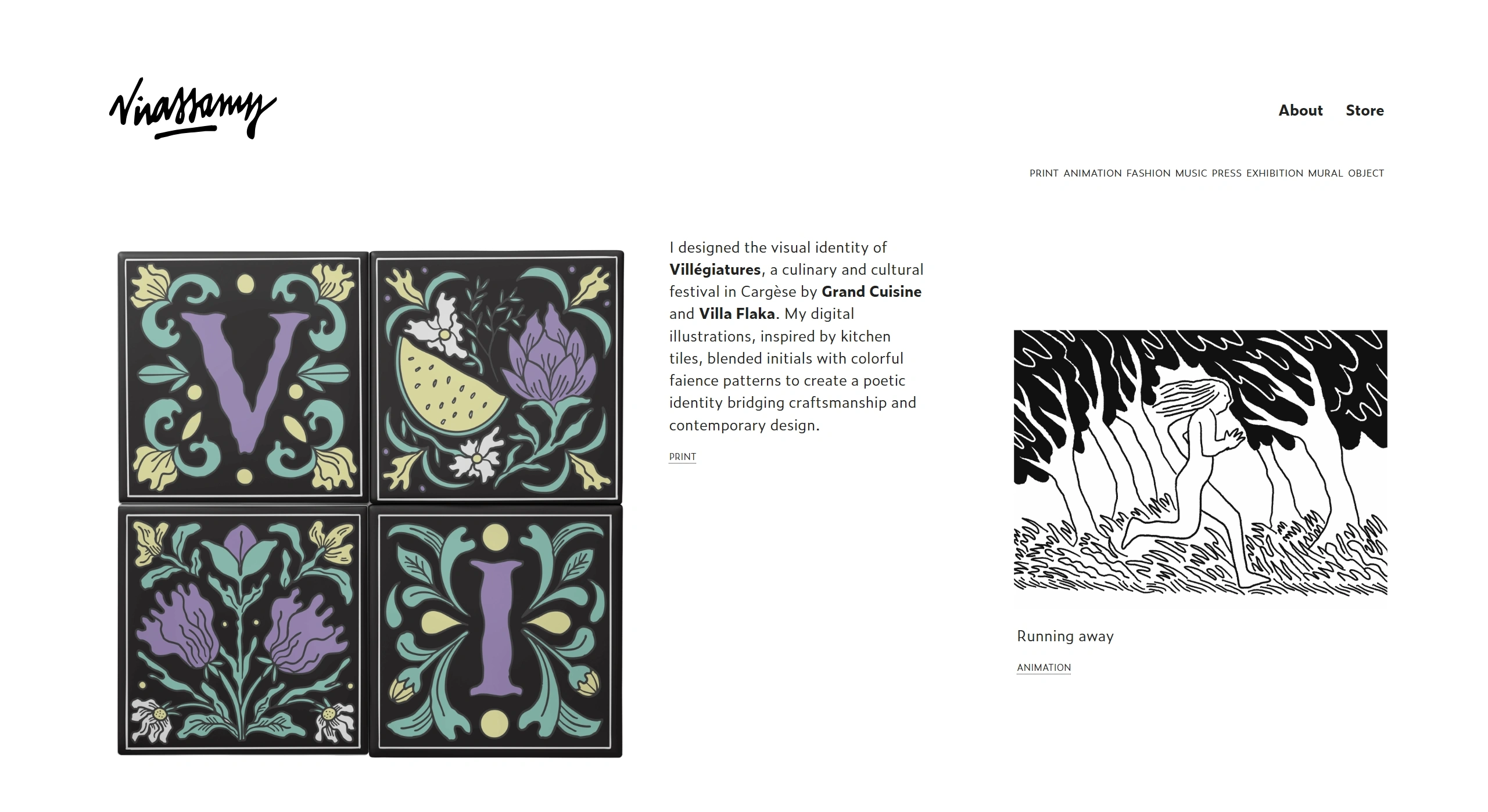 Virassamy Секция «Первый экран» с сайта https://virassamy.com/, тематика — Дизайн, цвета — Белый, Черный, Серый, стиль — Рисованный, Карточный, Фестивальный, типографика — Без засечек, Декоративные