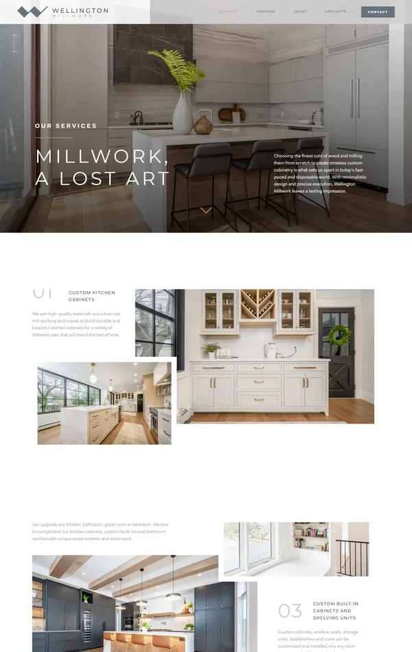 Услуги Wellington Millwork, тематика — Дизайн, Строительство, цвета — Белый, Серый, стиль — Классический, Корпоративный, Минимализм, типографика — Без засечек