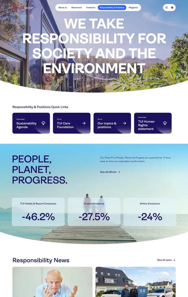 Страница о компании TUI Group, тематика — Путешествия и туризм, цвета — Белый, Серый, стиль — Корпоративный, типографика — Без засечек