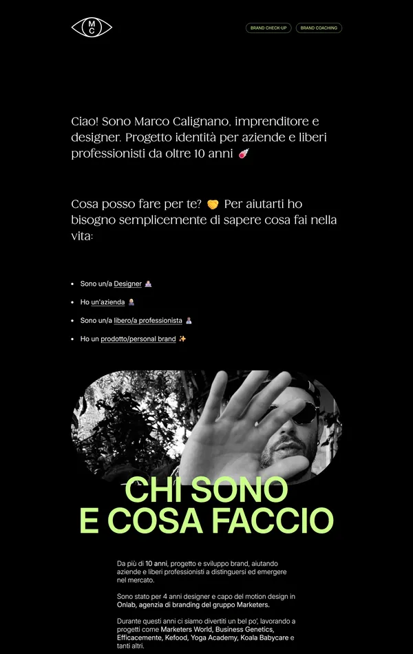 Лендинг Marco Calignano, тематика — Дизайн, цвета — Черный, Серый, стиль — Минимализм, Типографика, типографика — Без засечек