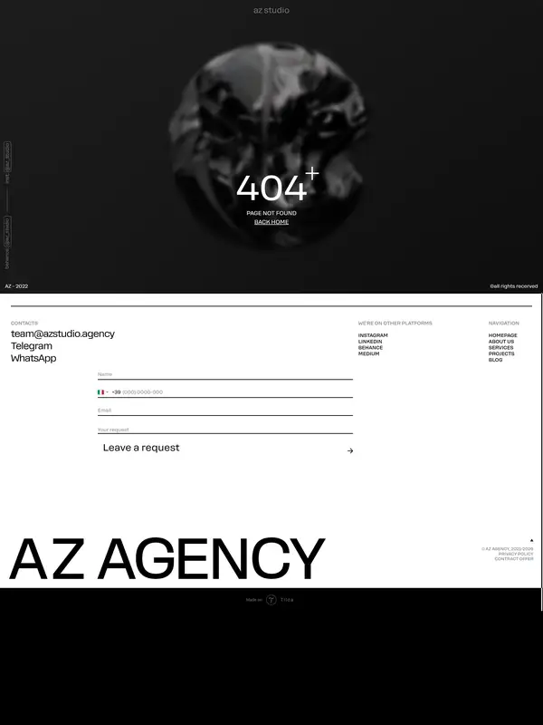404-страница AZ AGENCY, тематика — Агентство , цвета — Белый, Черный, Серый, стиль — Корпоративный, Минимализм, типографика — Без засечек, Декоративные
