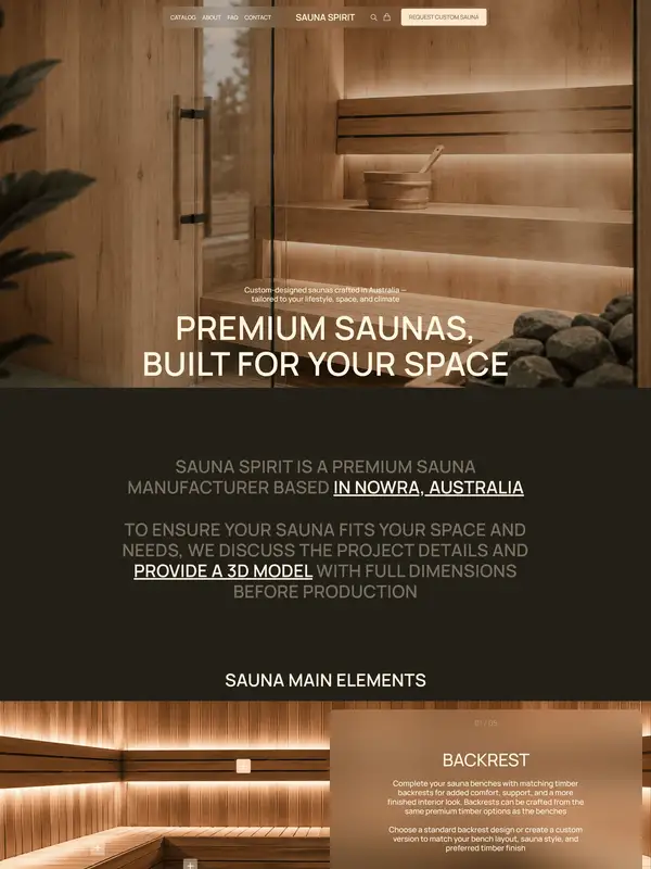 Лендинг Sauna Spirit, тематика — Другое, цвета — Черный, Серый, Коричневый, стиль — Минимализм, Органический и природный, типографика — Без засечек