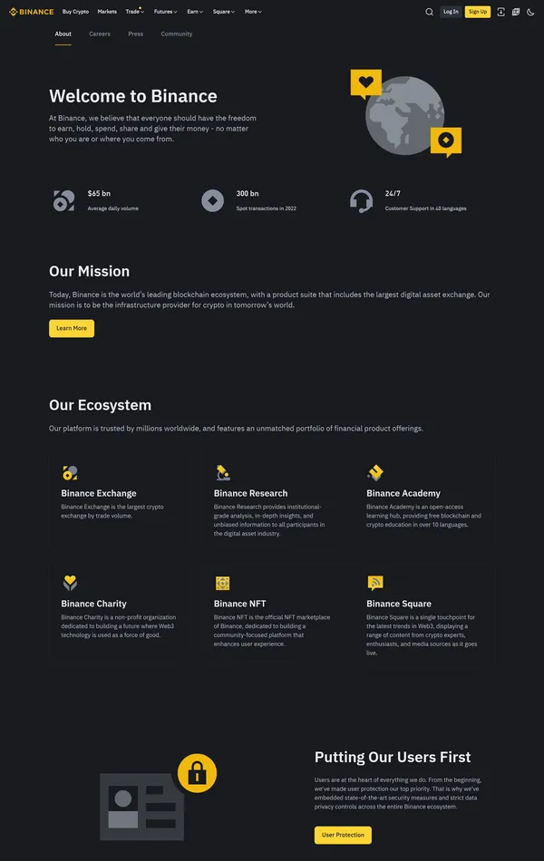 Страница о компании binance, тематика — Крипто  и блокчейн, цвета — Черный, стиль — Корпоративный, типографика — Без засечек