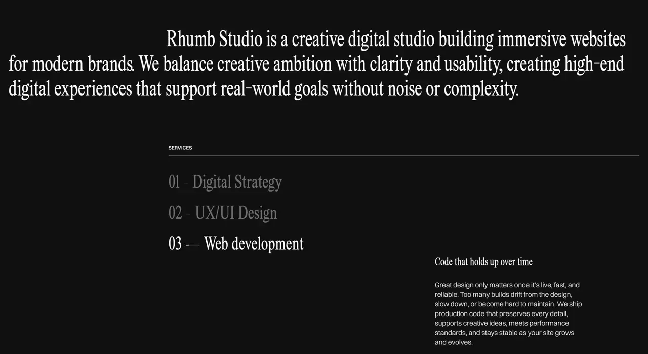Секция «Услуги» с сайта https://www.rhumb.co/, тематика — Дизайн, цвета — Черный, стиль — Корпоративный, Минимализм, типографика — С засечками