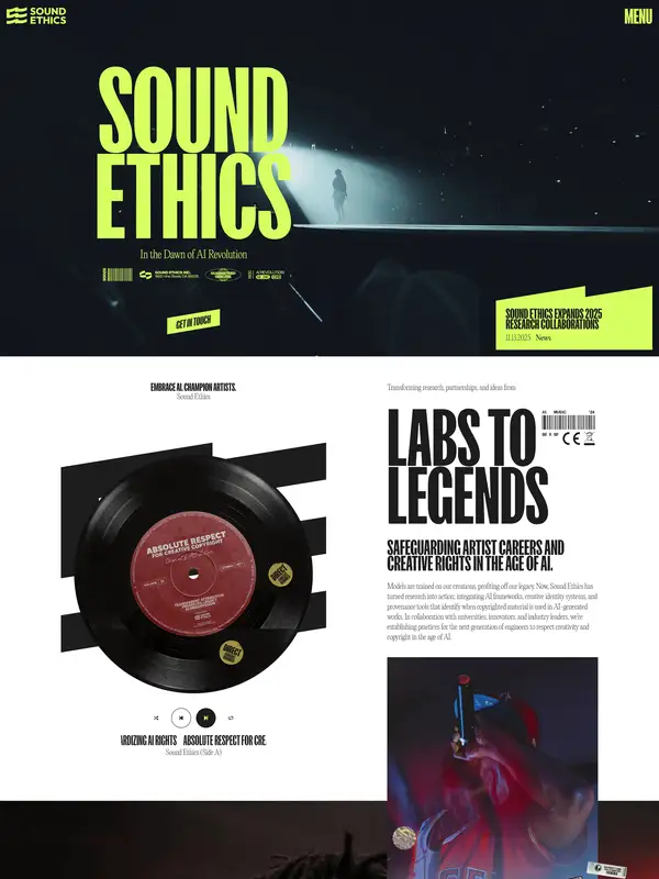 Главная Sound Ethics, тематика — Музыка, цвета — Черный, Серый, Желтый, стиль — Типографика, Брутализм, типографика — Без засечек, Декоративные