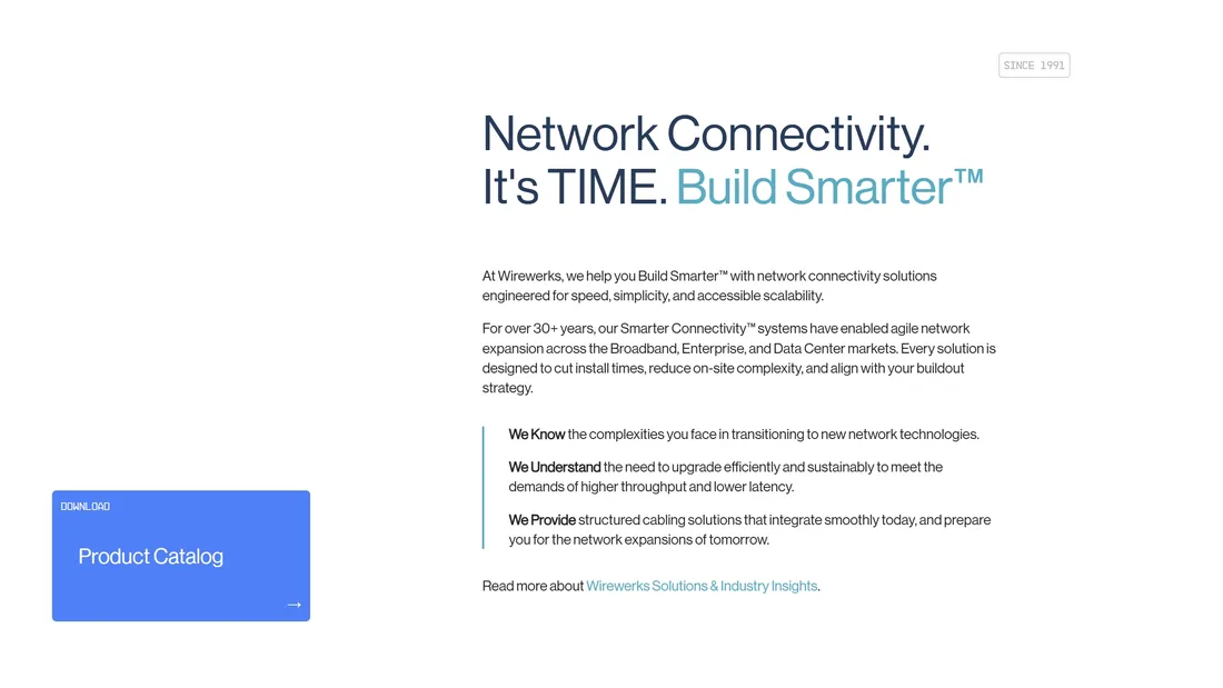 Секция «О компании» с сайта https://wirewerks.com/, тематика — Телекоммуникации, цвета — Белый, стиль — Корпоративный, Минимализм, типографика — Без засечек