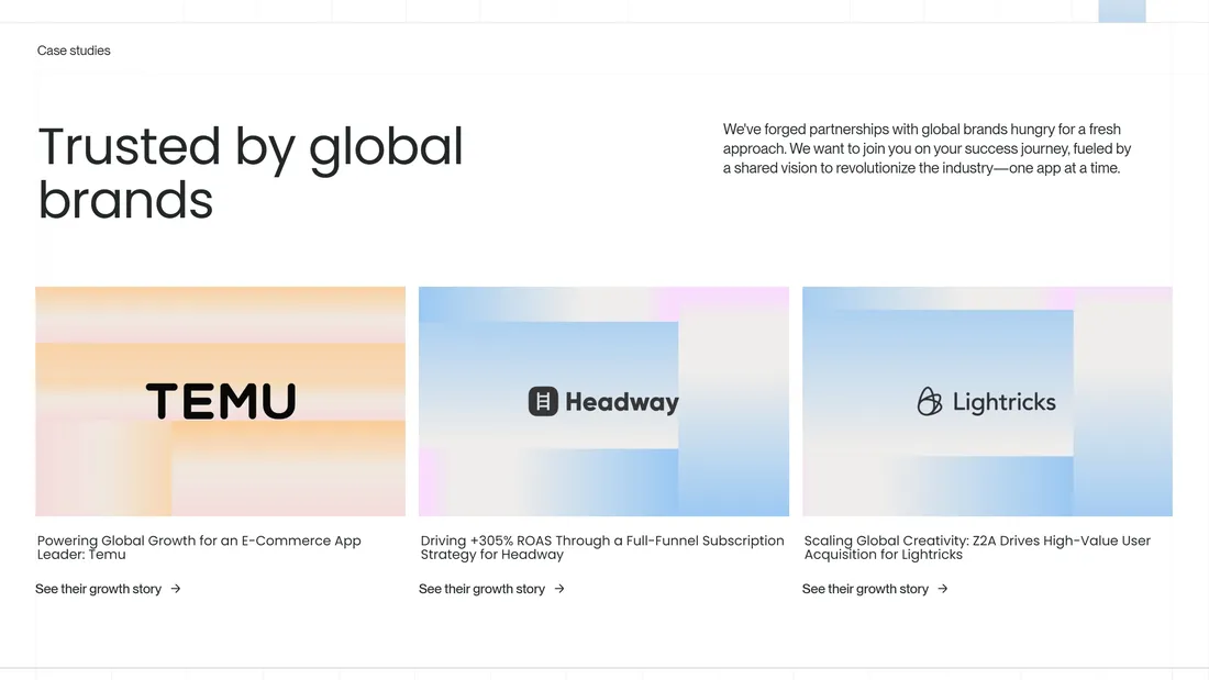 Секция «Кейсы» с сайта https://www.z2adigital.com/, тематика — Маркетинг, цвета — Белый, стиль — Корпоративный, типографика — Без засечек