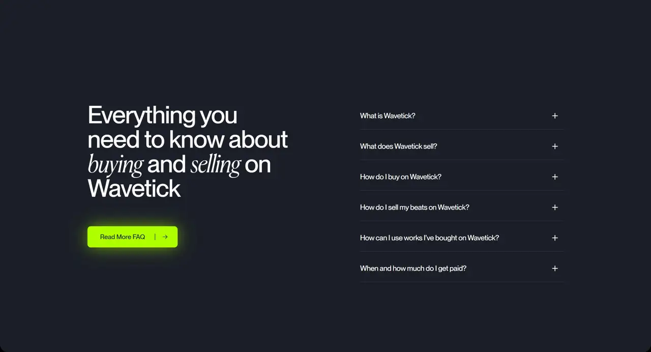 Секция «FAQ» с сайта https://www.wavetick.com/, тематика — Музыка, цвета — Черный, стиль — Минимализм, типографика — С засечками, Без засечек