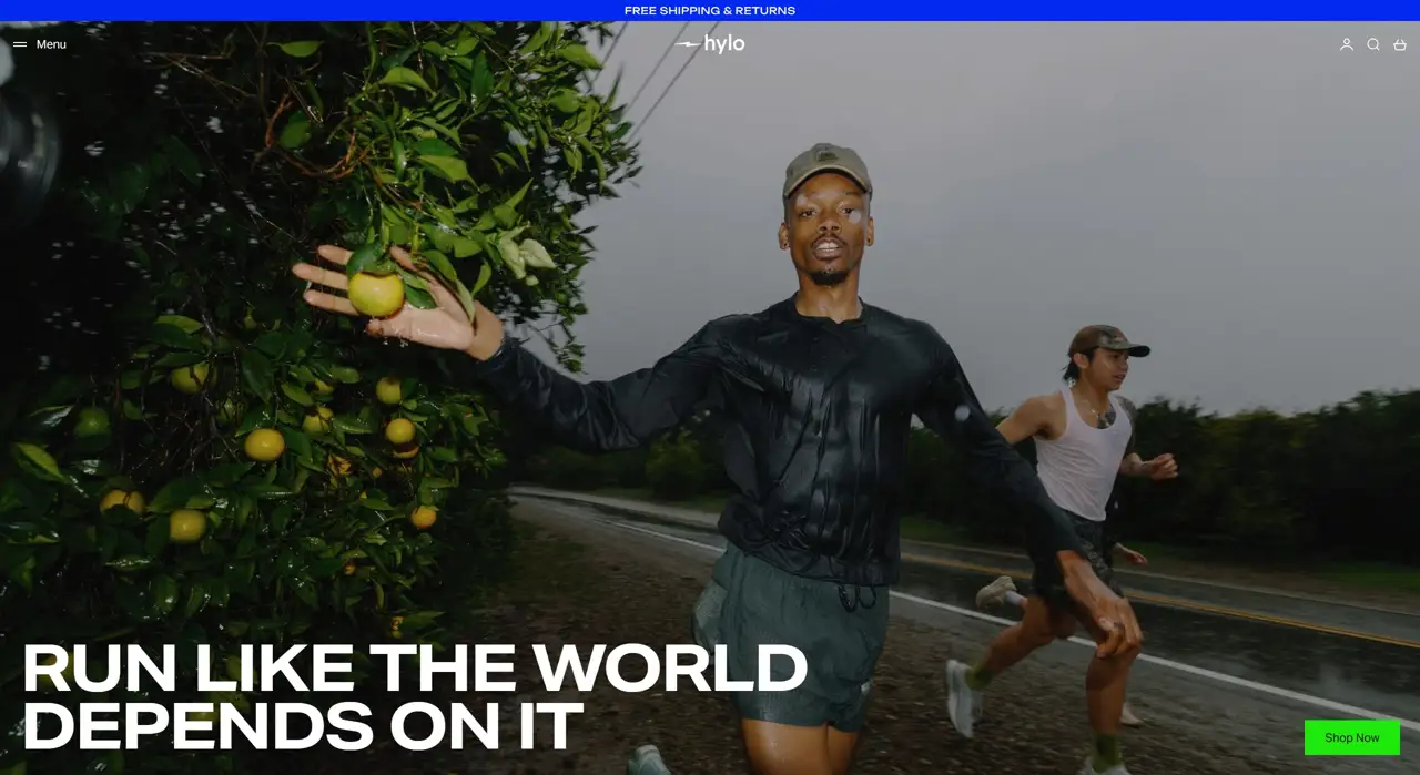 Секция «Первый экран» с сайта https://hyloathletics.com/, тематика — Здоровье и фитнес, цвета — Черный, Серый, стиль — Органический и природный, типографика — Без засечек