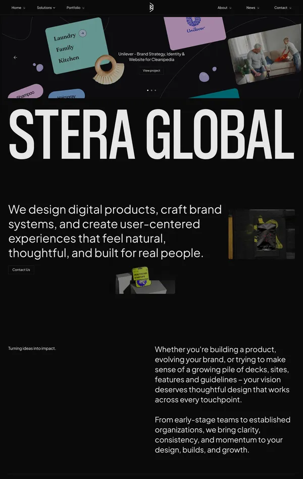 Главная Stera Global, тематика — Агентство , цвета — Черный, стиль — Корпоративный, Минимализм, Типографика, типографика — Без засечек