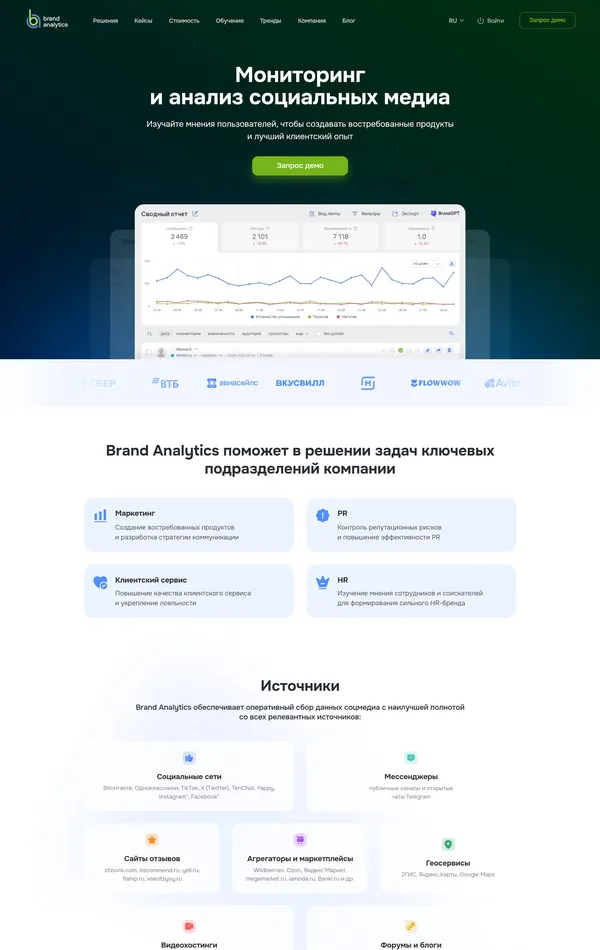 Продукт Brand Analytics, тематика — Маркетинг, цвета — Белый, Черный, стиль — Корпоративный, типографика — Без засечек