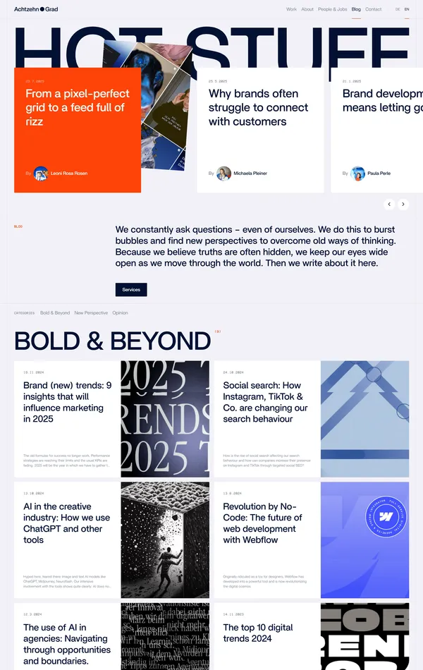 Блог Achtzehn Grad, тематика — Маркетинг, цвета — Белый, Серый, стиль — Типографика, типографика — Без засечек