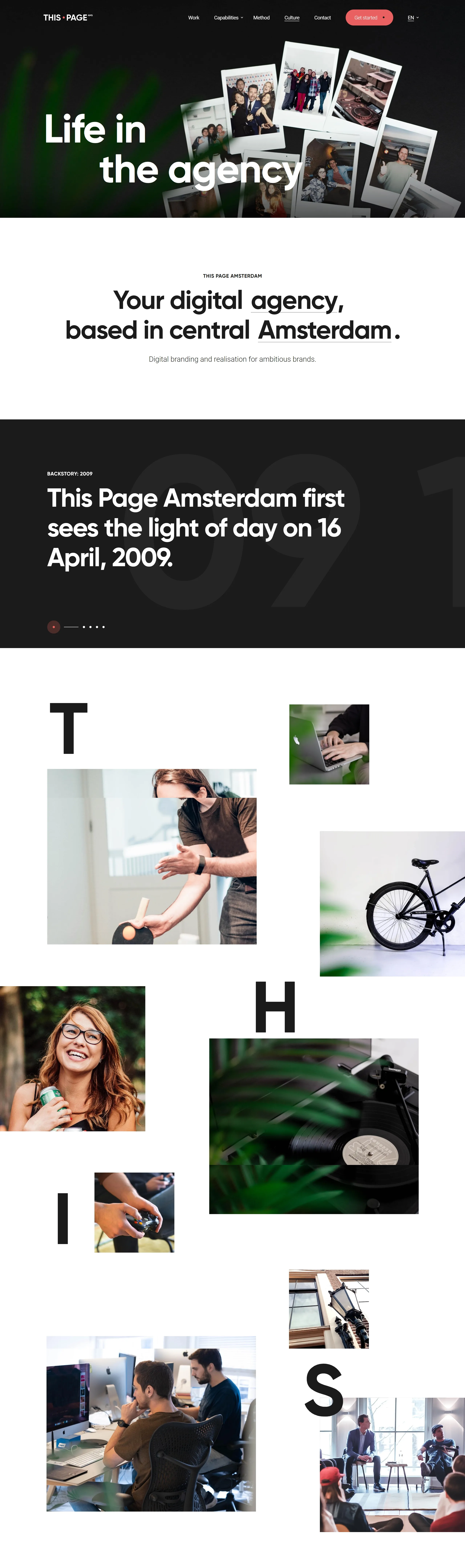 This Page Amsterdam Страница о компании This Page Amsterdam, тематика — Агентство , цвета — Белый, Черный, Серый, стиль — Корпоративный, Типографика, типографика — Без засечек