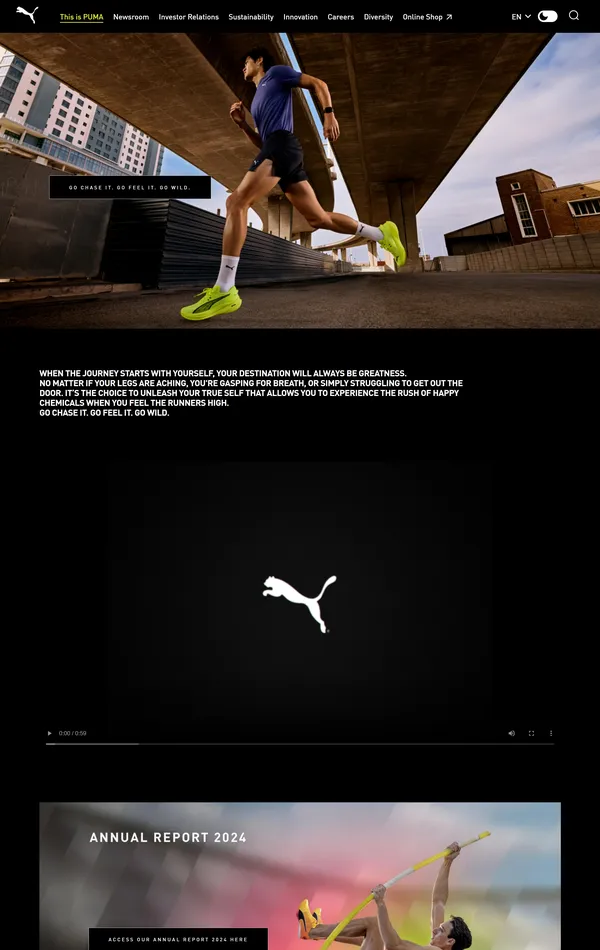 Страница о компании PUMA, тематика — Одежда, цвета — Черный, стиль — Корпоративный, Фестивальный, типографика — Без засечек