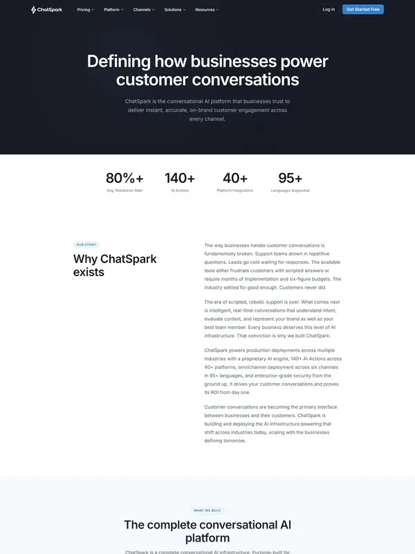 Страница о компании ChatSpark, тематика — SaaS, цвета — Белый, Черный, Серый, стиль — Корпоративный, Минимализм, типографика — Без засечек