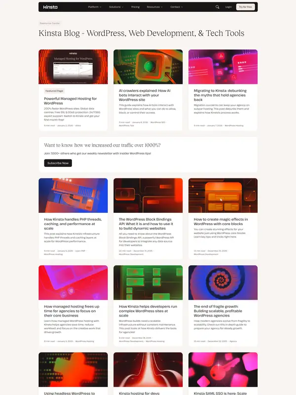 Блог Kinsta, тематика — SaaS, цвета — Белый, стиль — Корпоративный, Карточный, типографика — Без засечек