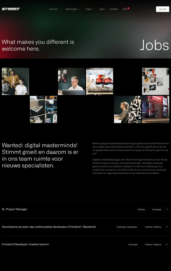 Страница карьеры Stimmt, тематика — Агентство , цвета — Черный, стиль — Корпоративный, Минимализм, типографика — Без засечек
