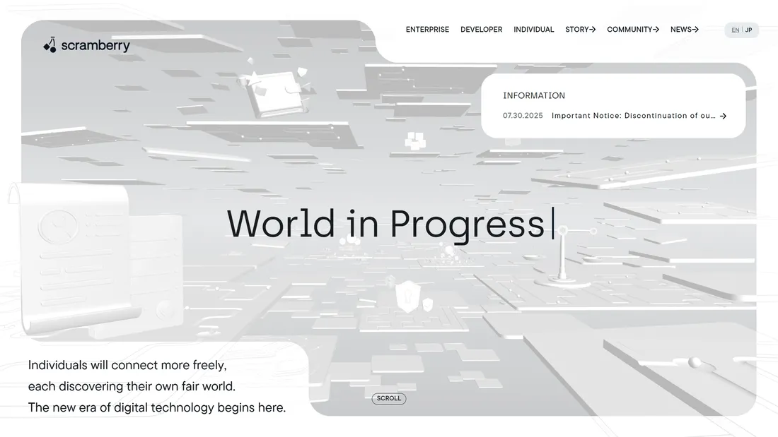 Секция «Первый экран» с сайта https://scramberry.io/, тематика — IT и программное обеспечение, цвета — Белый, стиль — Минимализм, Полигональный, типографика — Без засечек