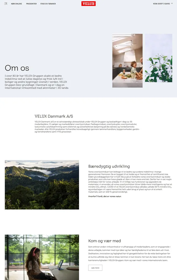 Страница о компании VELUX, тематика — Строительство, цвета — Белый, Серый, стиль — Корпоративный, типографика — Без засечек