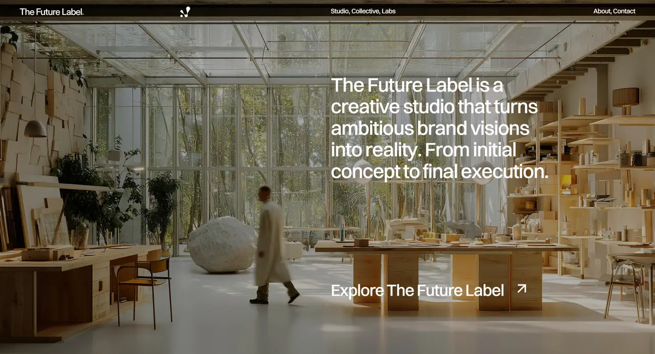 Секция «Первый экран» с сайта https://www.futurelabel.us/, тематика — Дизайн, цвета — Черный, Серый, Коричневый, стиль — Минимализм, Органический и природный, типографика — Без засечек