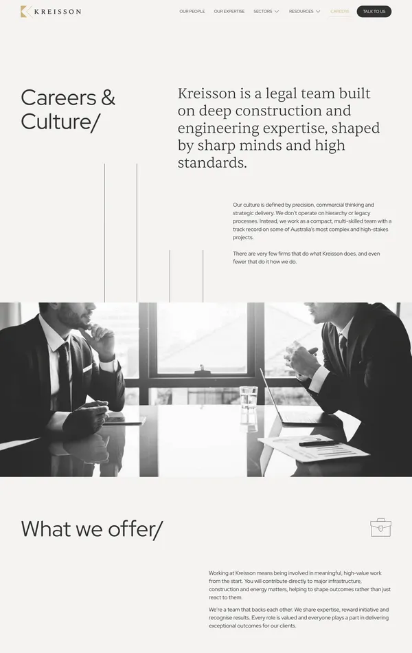 Страница карьеры Kreisson, тематика — Бизнес и профессиональные услуги, цвета — Белый, стиль — Корпоративный, Минимализм, типографика — Без засечек