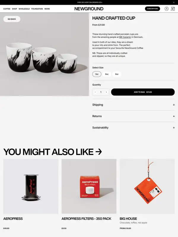 Продукт NewGround Coffee, тематика — Еда и напитки, цвета — Белый, Черный, Серый, стиль — Минимализм, типографика — Без засечек
