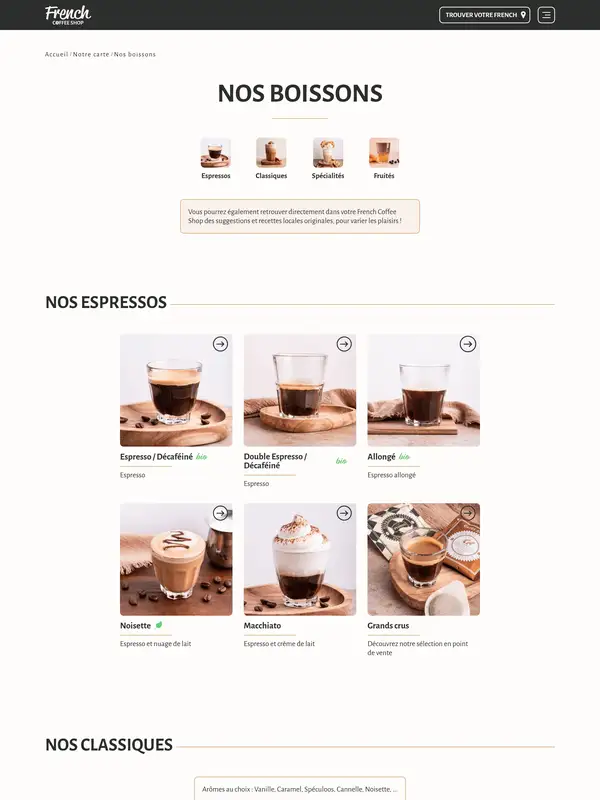 Каталог French Coffee Shop, тематика — Еда и напитки, цвета — Белый, Серый, стиль — Карточный, Минимализм, типографика — Без засечек