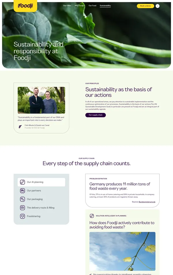 Страница о компании Foodji, тематика — Еда и напитки, цвета — Белый, Черный, стиль — Корпоративный, типографика — Без засечек