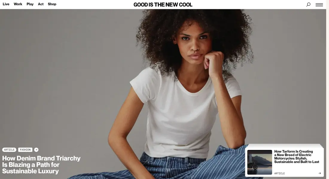 Секция «Первый экран» с сайта https://goodisthenewcool.com/, тематика — Здоровье и фитнес, цвета — Белый, Черный, Серый, стиль — Корпоративный, типографика — Без засечек