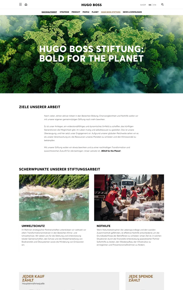 Страница о компании HUGO BOSS, тематика — Некоммерческая деятельность, цвета — Белый, Серый, стиль — Корпоративный, типографика — Без засечек