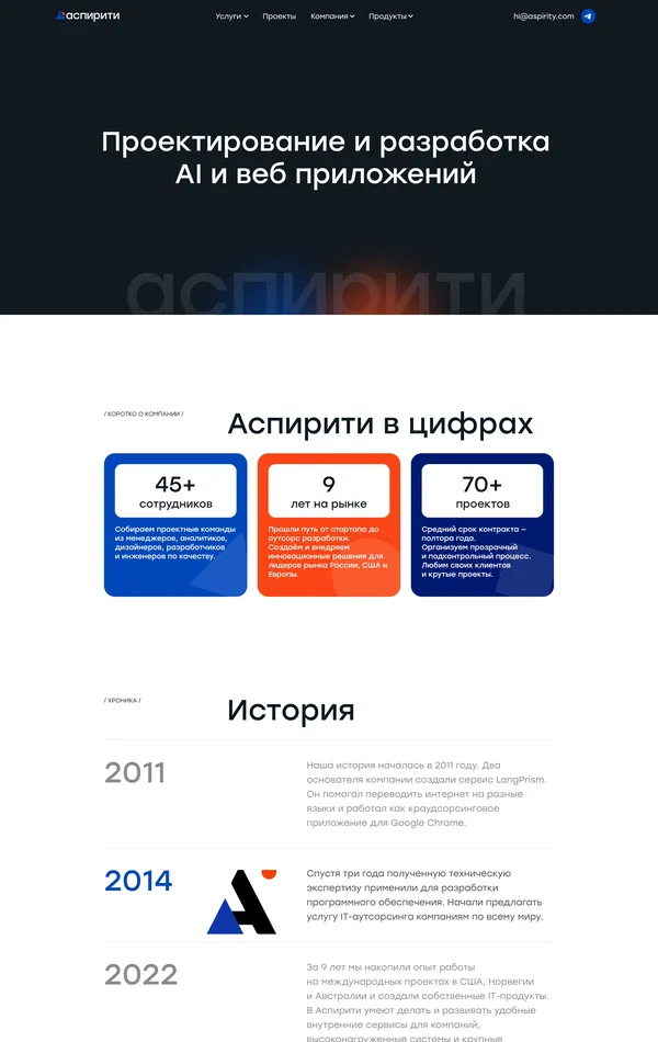 Страница о компании Аспирити, тематика — IT и программное обеспечение, цвета — Белый, Черный, стиль — Корпоративный, типографика — Без засечек