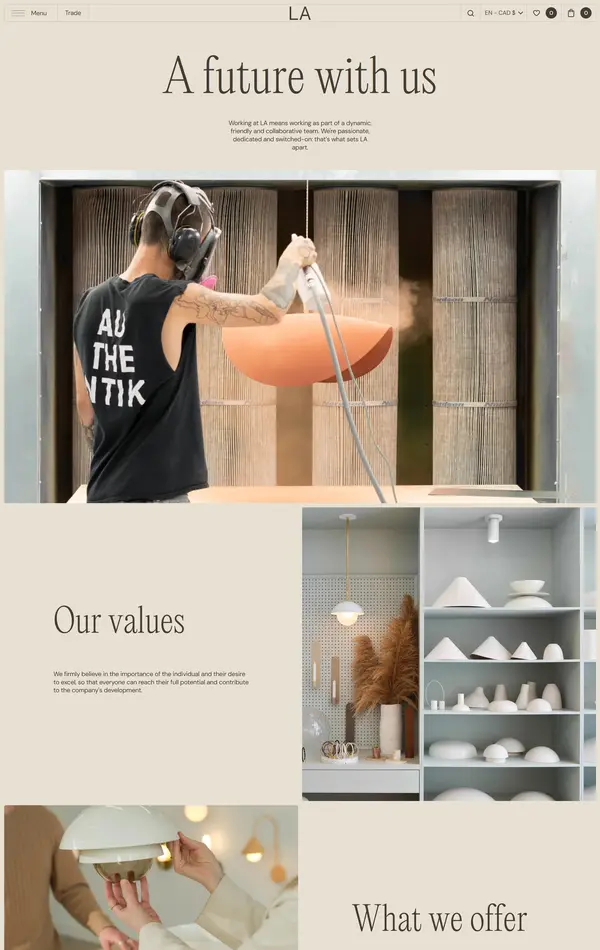 Страница карьеры Luminaire Authentik, тематика — Дизайн, цвета — Белый, Серый, стиль — Минимализм, типографика — Без засечек