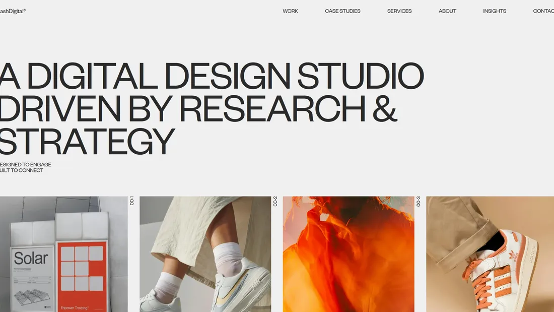 Секция «Первый экран» с сайта https://dashdigital.studio/, тематика — Дизайн, Агентство , цвета — Белый, Серый, стиль — Минимализм, Типографика, типографика — Без засечек