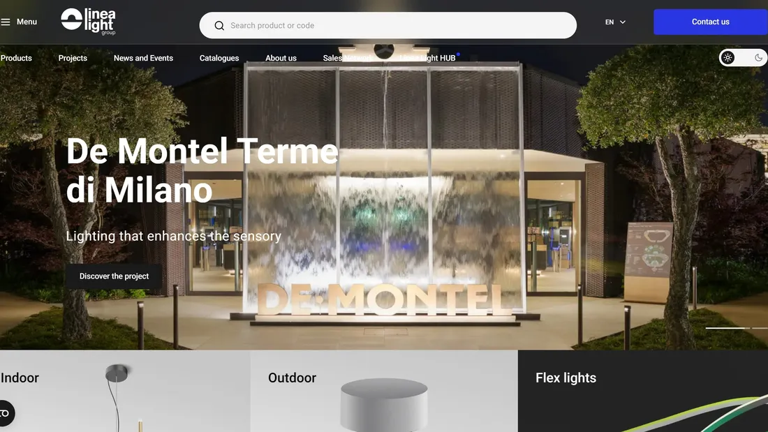 Секция «Первый экран» с сайта https://www.linealight.com/en, тематика — Дизайн, Производство, цвета — Белый, Черный, Серый, стиль — Корпоративный, Минимализм, типографика — Без засечек