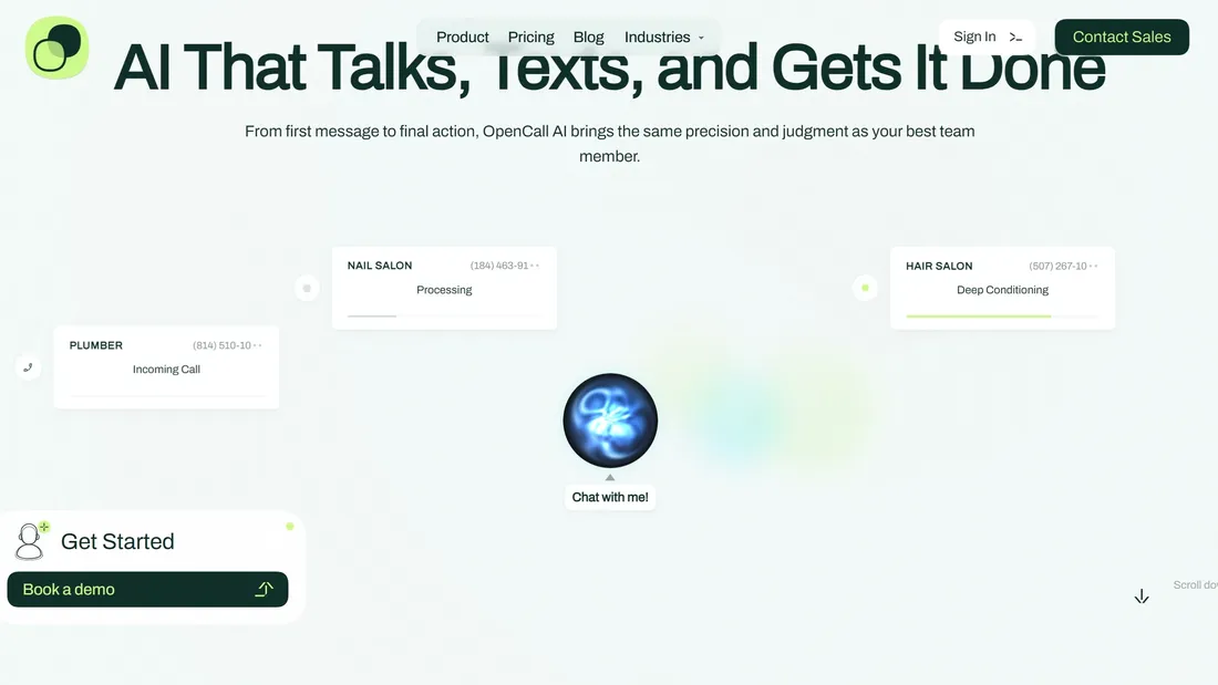 Секция «Первый экран» с сайта https://opencall.ai/, тематика — SaaS, цвета — Белый, стиль — Корпоративный, типографика — Без засечек