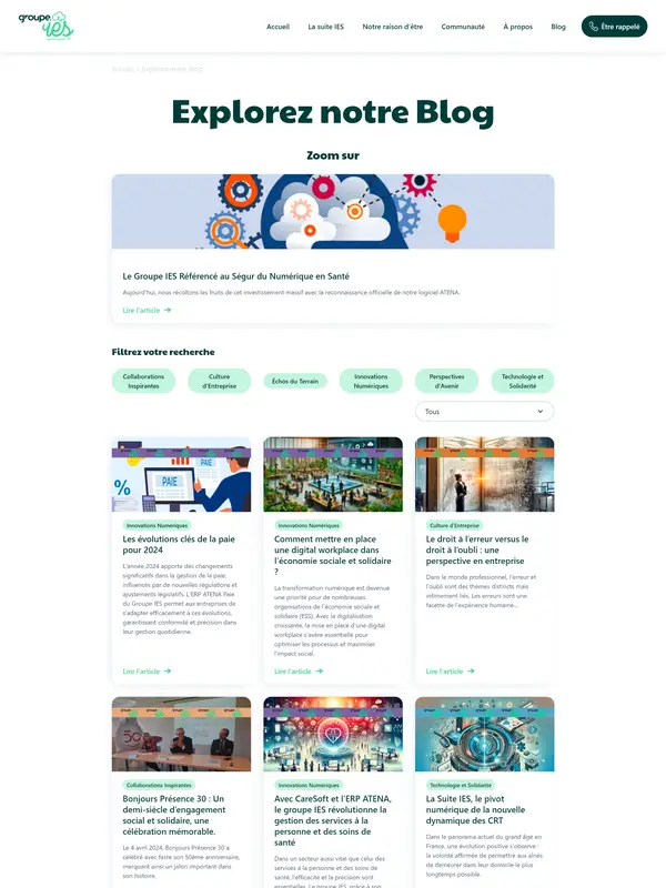 Блог Groupe IES, тематика — IT и программное обеспечение, цвета — Белый, Серый, Зеленый, стиль — Корпоративный, Карточный, Минимализм, типографика — Без засечек