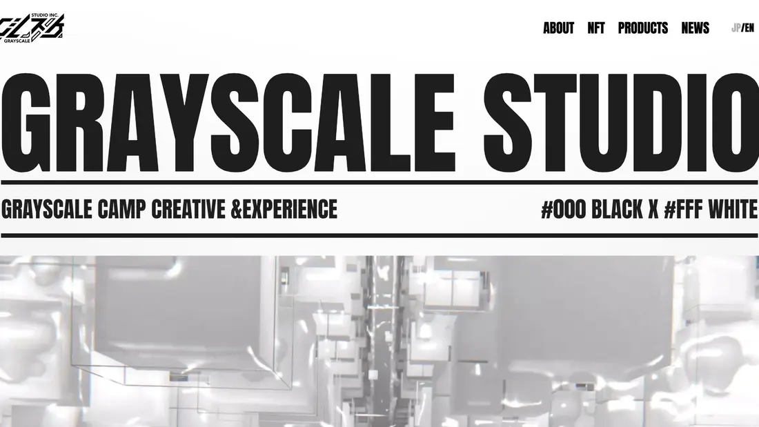 Секция «Первый экран» с сайта https://grayscale-studio.jp/en/, тематика — Дизайн, цвета — Белый, Серый, стиль — Минимализм, Брутализм, типографика — Без засечек