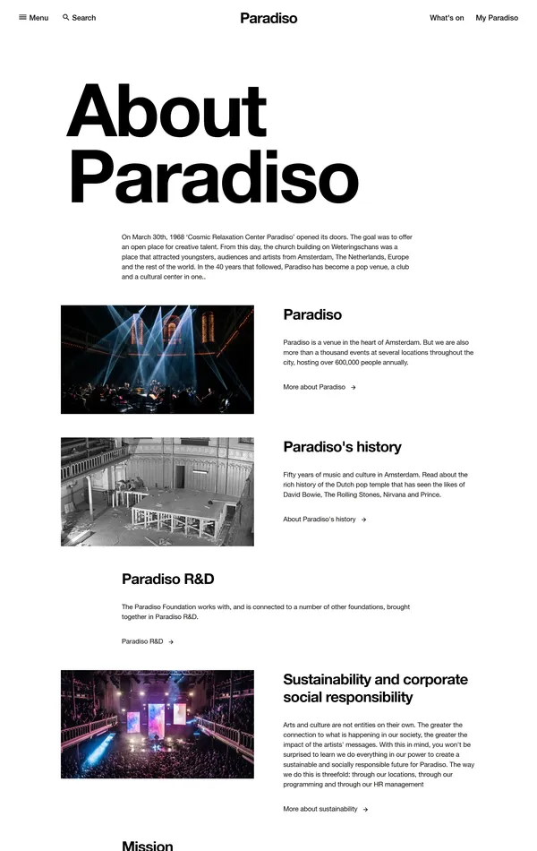 Страница о компании Paradiso, тематика — Музыка, цвета — Белый, стиль — Классический, Корпоративный, типографика — Без засечек