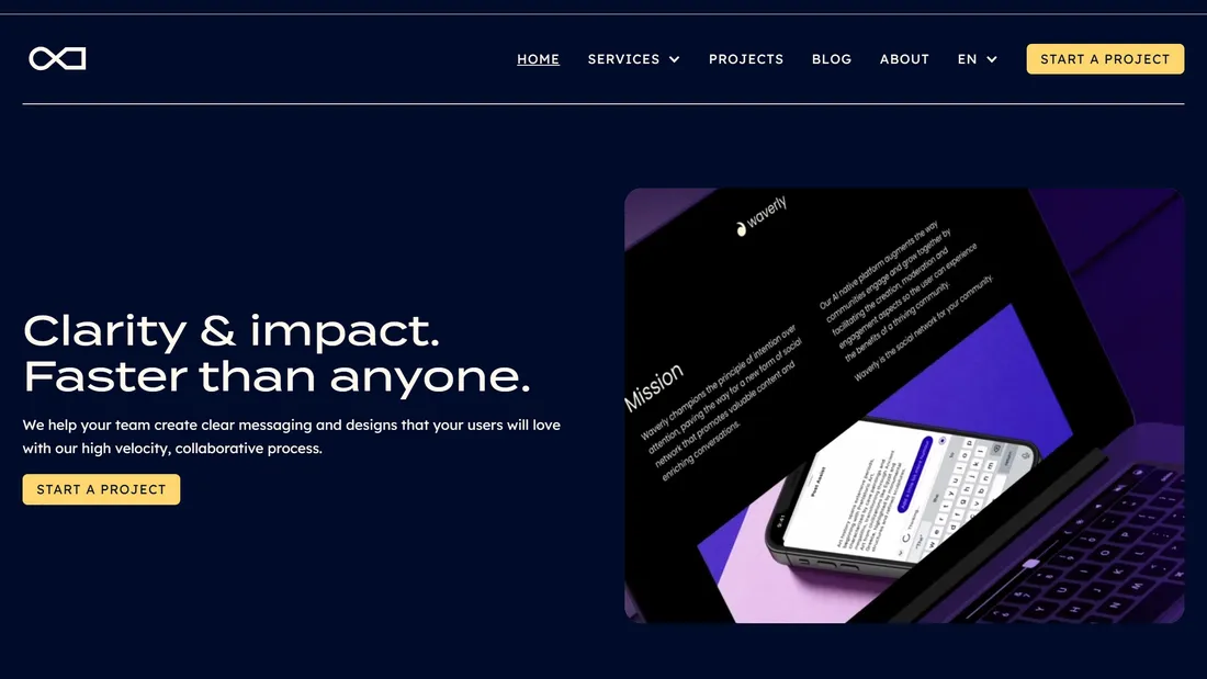 Секция «Первый экран» с сайта https://www.pragmatics.studio/, тематика — Дизайн, цвета — Черный, стиль — Корпоративный, Минимализм, типографика — Без засечек