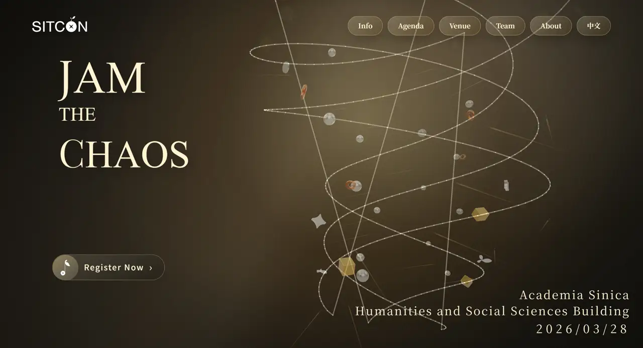 Секция «Первый экран» с сайта https://sitcon.org/2026/en/, тематика — Мероприятия, цвета — Черный, Коричневый, стиль — Классический, типографика — С засечками