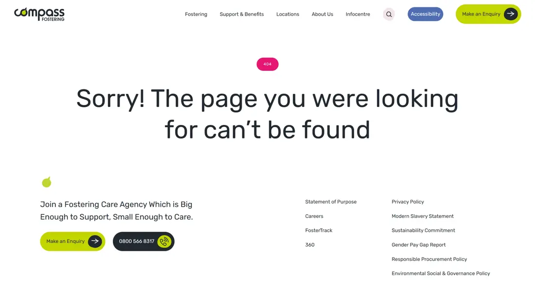 404-страница Compass Fostering, тематика — Некоммерческая деятельность, цвета — Белый, стиль — Корпоративный, типографика — Без засечек