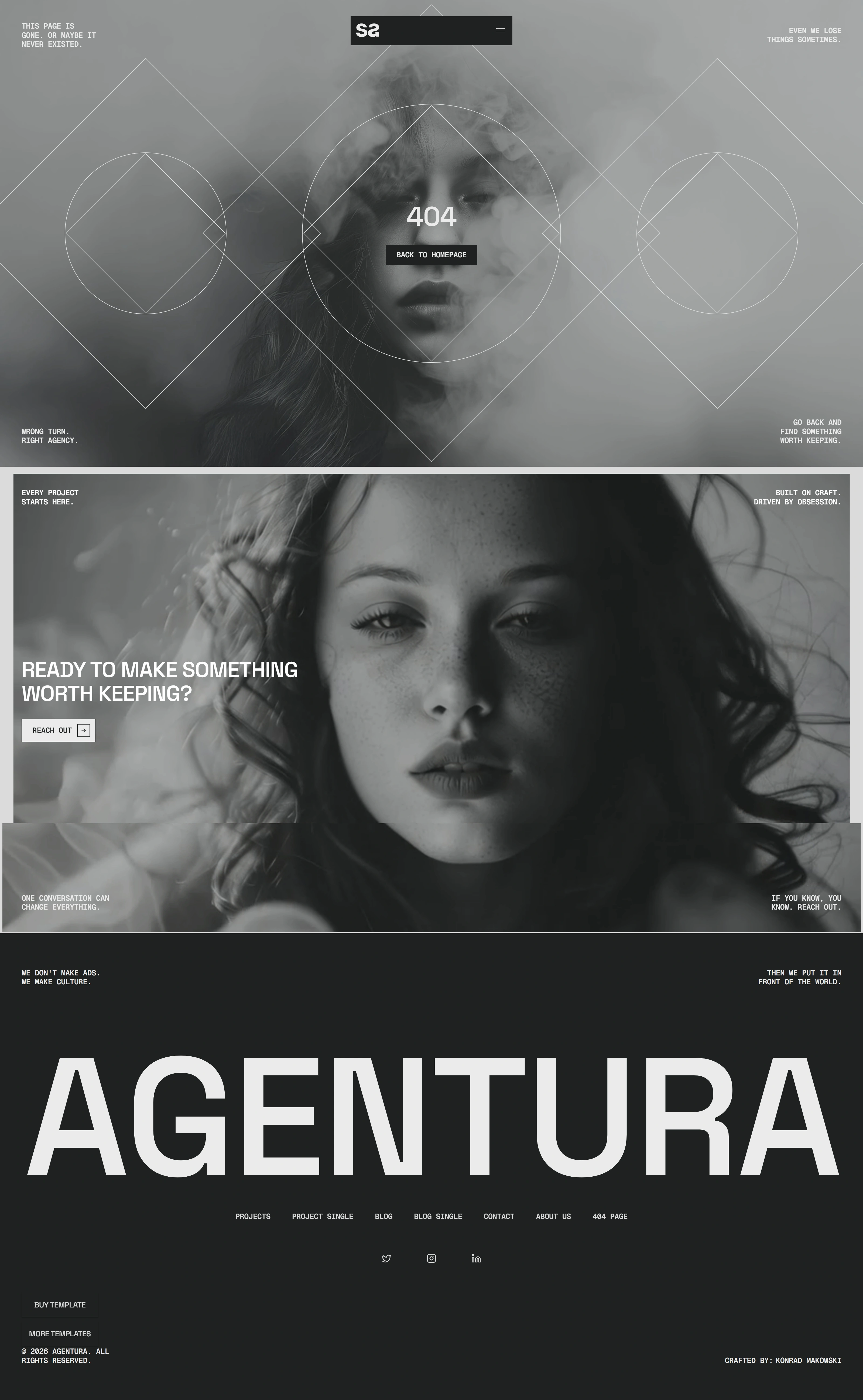 Agentura 404-страница Agentura, тематика — Агентство , цвета — Черный, Серый, стиль — Минимализм, Брутализм, типографика — Без засечек