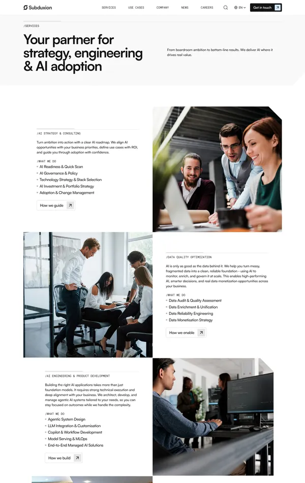 Услуги Subduxion, тематика — IT и программное обеспечение, цвета — Белый, Серый, стиль — Корпоративный, Минимализм, типографика — Без засечек