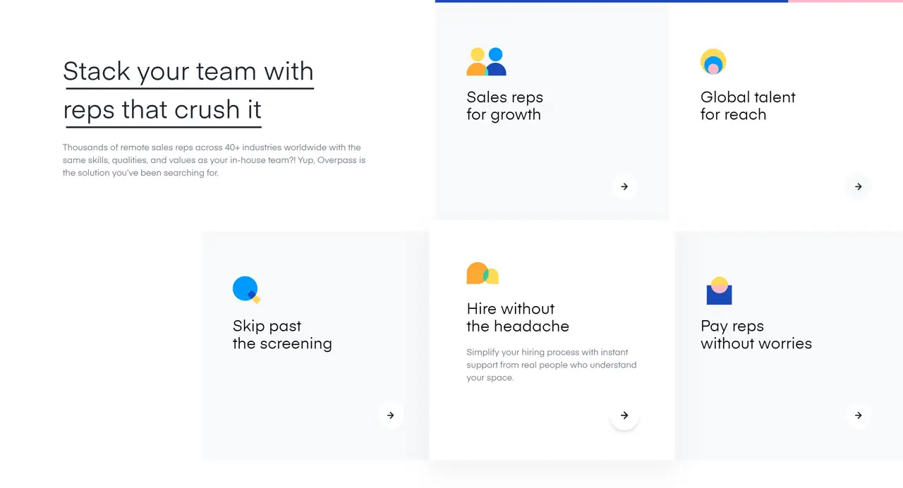 Секция «Первый экран» с сайта https://www.overpass.com/, тематика — SaaS, цвета — Белый, стиль — Корпоративный, Карточный, Минимализм, типографика — Без засечек