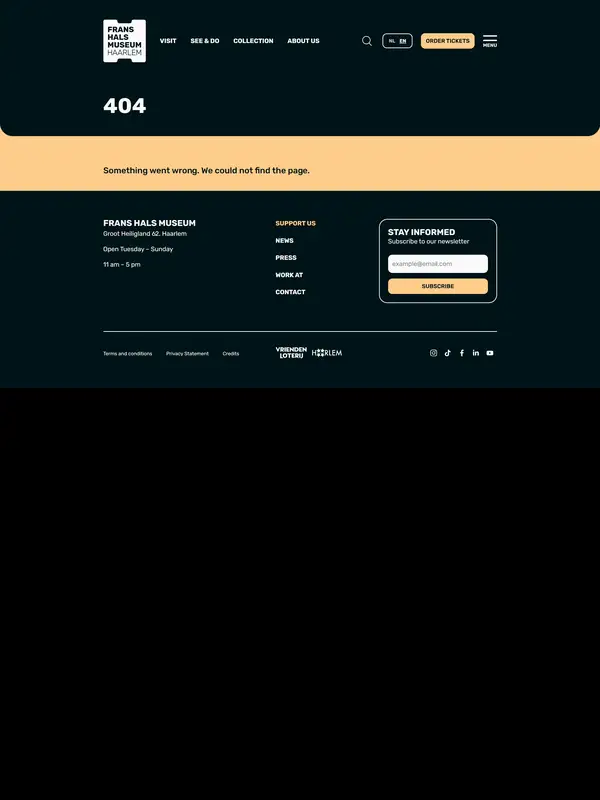 404-страница Frans Hals Museum, тематика — Искусство, цвета — Черный, Желтый, стиль — Минимализм, типографика — Без засечек