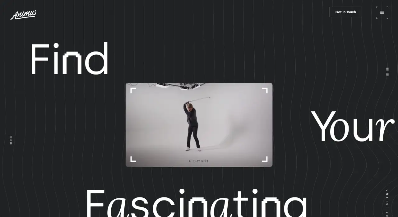 Секция «Первый экран» с сайта https://www.animusstudios.com/, тематика — Агентство , цвета — Черный, Серый, стиль — Минимализм, Типографика, типографика — Без засечек, Рукописные, Декоративные