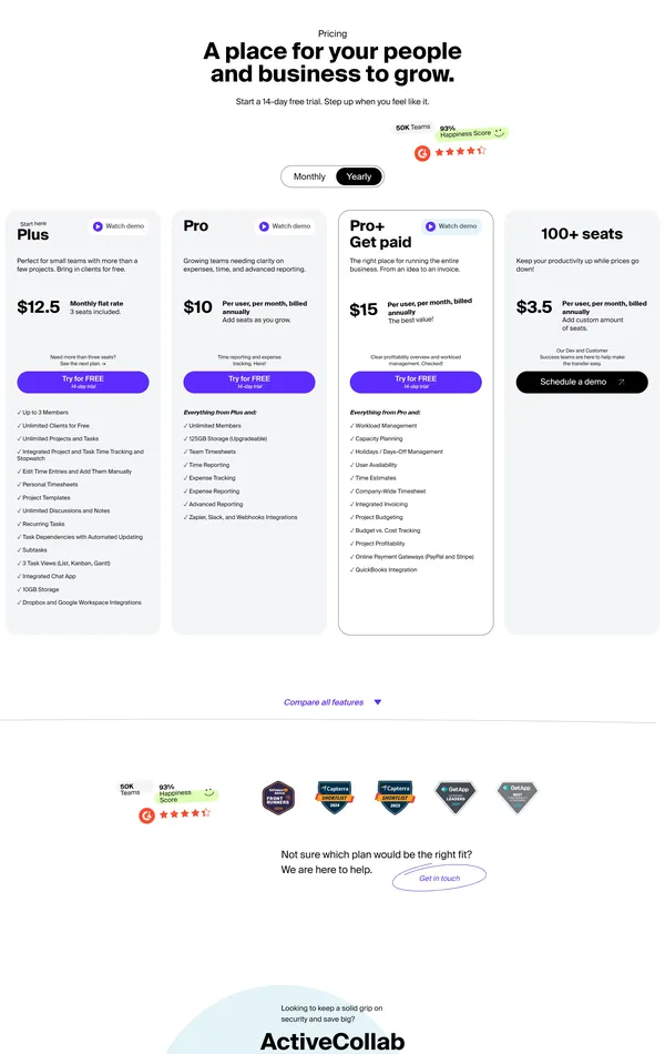 Секция «Цены» с сайта https://activecollab.com/, тематика — IT и программное обеспечение, SaaS, цвета — Белый, стиль — Корпоративный, Минимализм, типографика — Без засечек