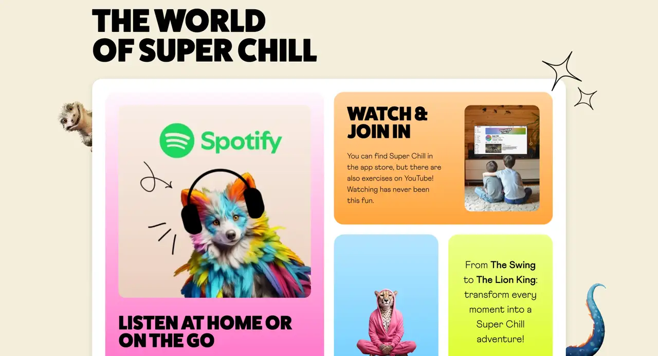 Секция «О продукте» с сайта https://superchill.org/en/, тематика — Образование, цвета — Белый, Серый, Желтый, стиль — Карточный, Анимационный, типографика — Без засечек, Декоративные