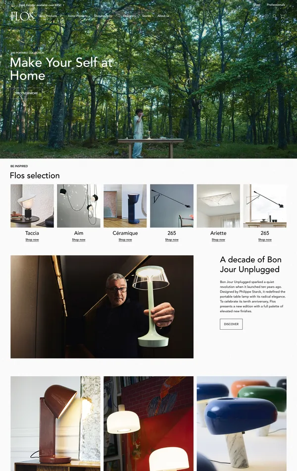 Главная Flos, тематика — Интернет-магазин, Дизайн, цвета — Белый, Черный, Серый, стиль — Карточный, Минимализм, Органический и природный, типографика — Без засечек